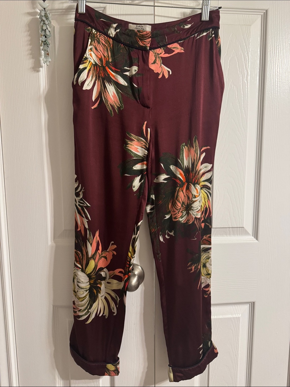 Erdem  100% silk burgundy Floral Print pants